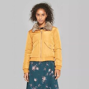 NWT Women's Removable Faux Fur Collar Bomber Jacket - Wild Fable Camel Mustard